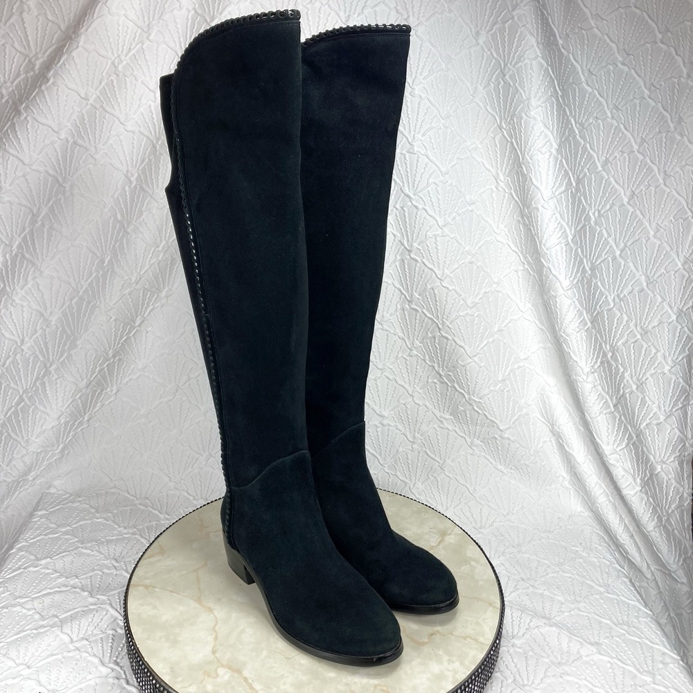 Van Eli Whipstitch Suede Over The Knee Boots Womens 6 Black Block Heel Edgy Chic